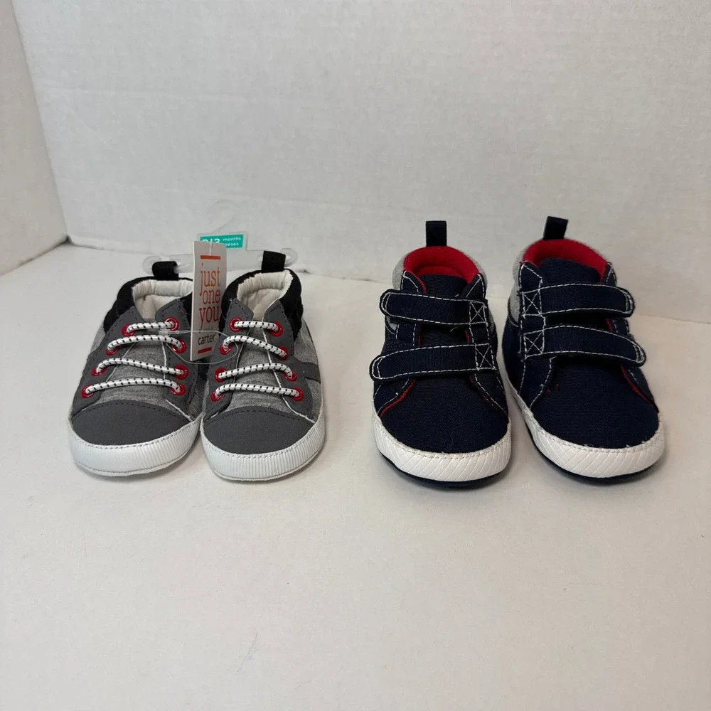 Carters Baby Boy Crib Shoe Sneakers Gray Navy 0-12 Months 2 Pairs NEW
